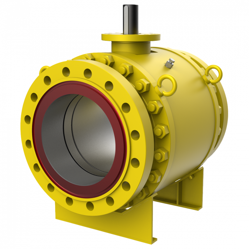 Une grande vanne industrielle jaune à plusieurs boulons et de forme cylindrique, avec une doublure intérieure rouge et une tige métallique sur le dessus. La vanne est soutenue par une base pour plus de stabilité.
